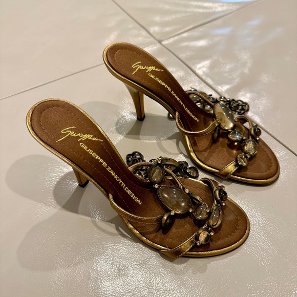 Giuseppe Zanotti Vicini Gold Jeweled Brown Leather Mule Sandals Heels - Picture 3 of 7
